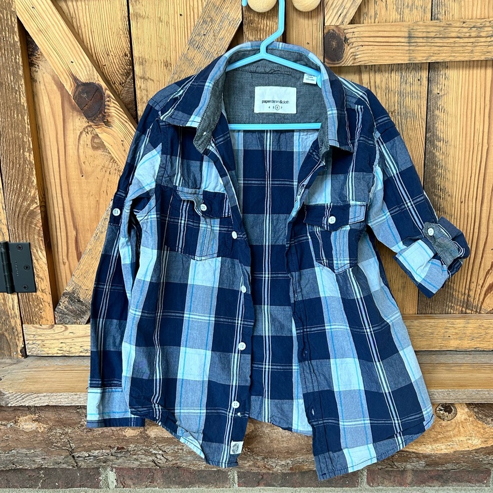 Paper Denim and Cloth Boys dark and light blue plaid button up collared shirt 6